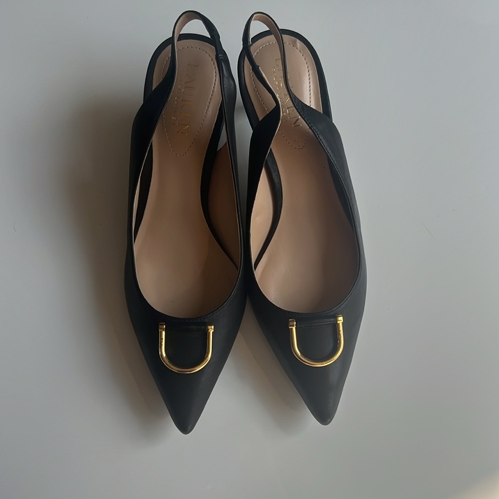 Lauren Ralph Lauren Black Slingback Kitten Heels with Gold Accent - Picture 2 of 9